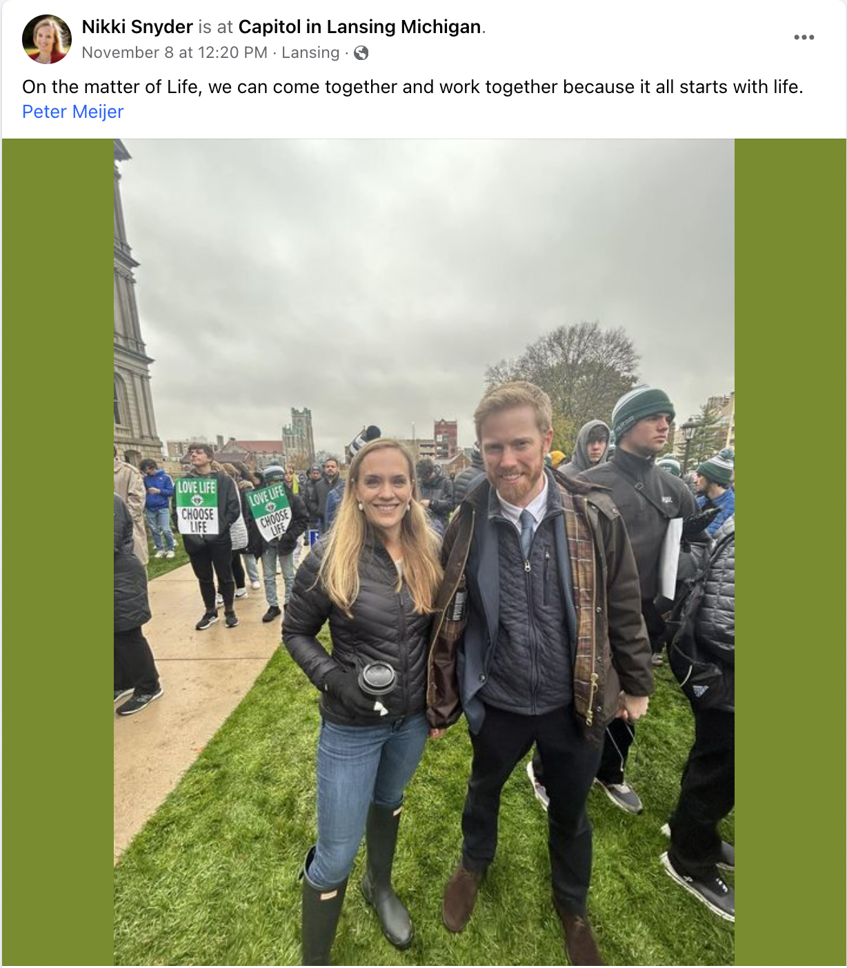 Nikki Snyder Facebook post with a photo of Snyder and Meijer at the Michigan Right to Life March
