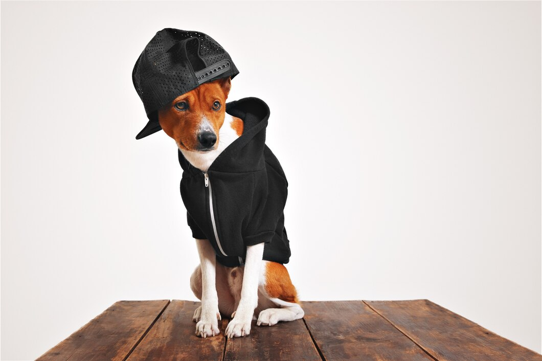 A dog wearing a black hoodie and a trucker cap.
