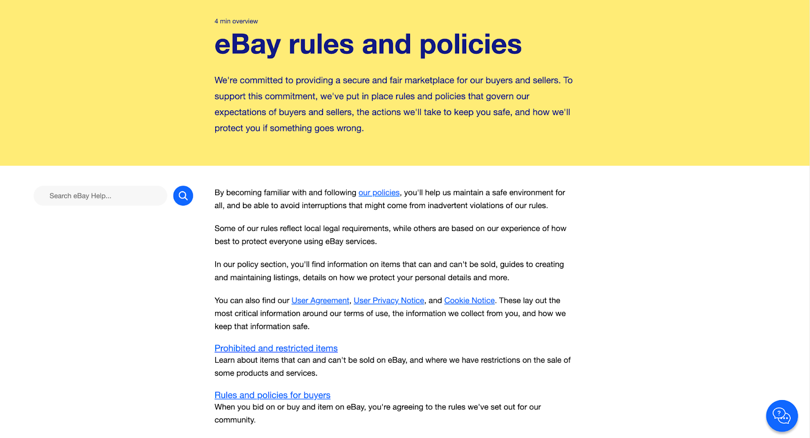A screenshot of eBay's rules and policies webpage. 
