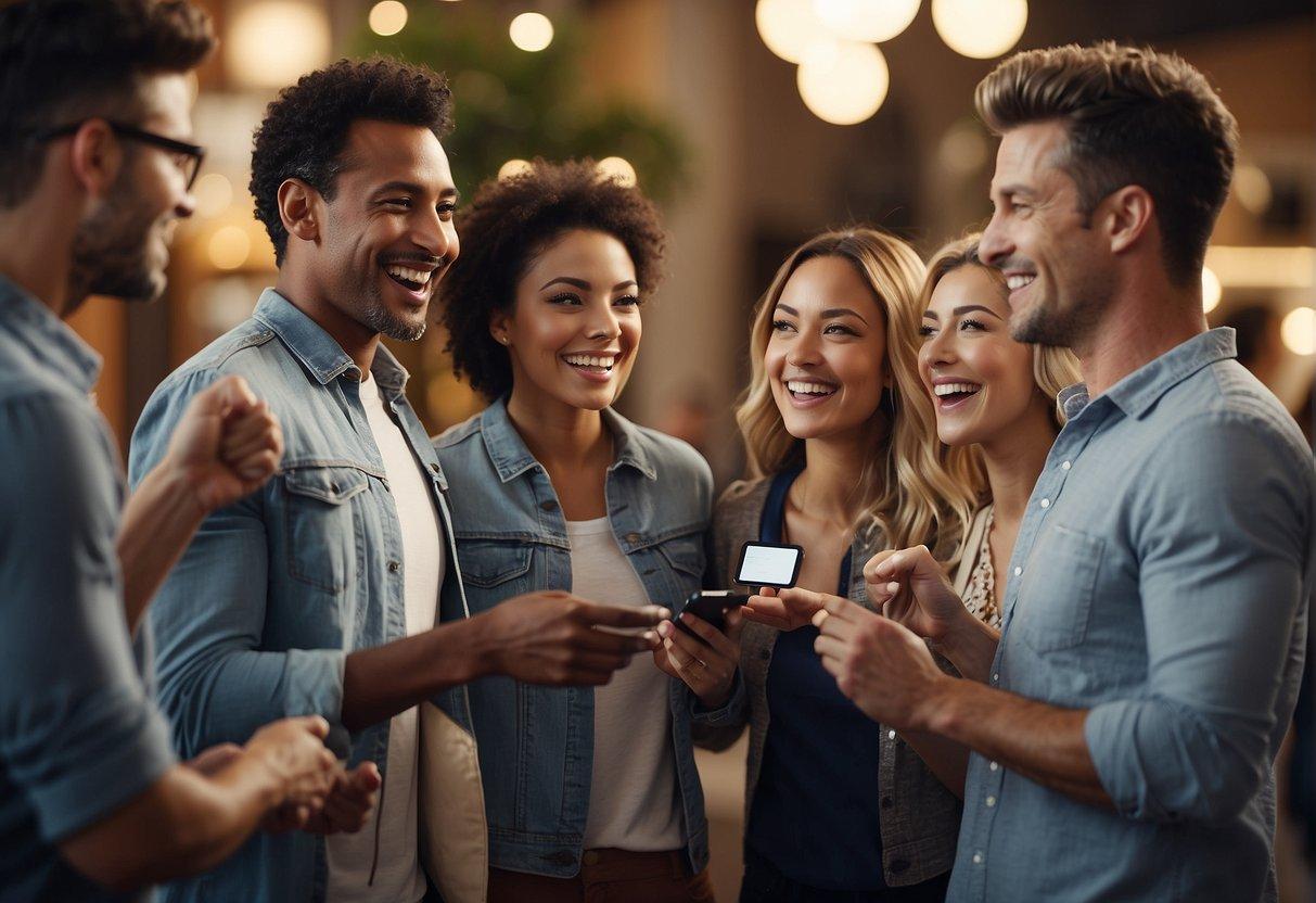 A group of excited customers sharing a referral code with friends. They are shown receiving rewards for successful referrals, creating a sense of excitement and camaraderie
