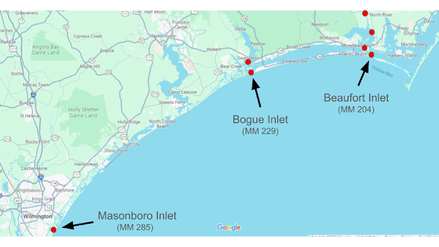 A map showing Baeufort, Bogue, and Masonboro Inlets in North Carolina.