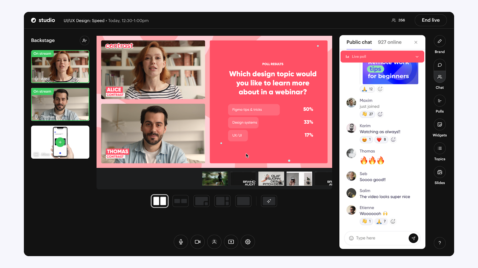 Contrast’s webinar studio showing speakers, a poll, and live chat interactions.