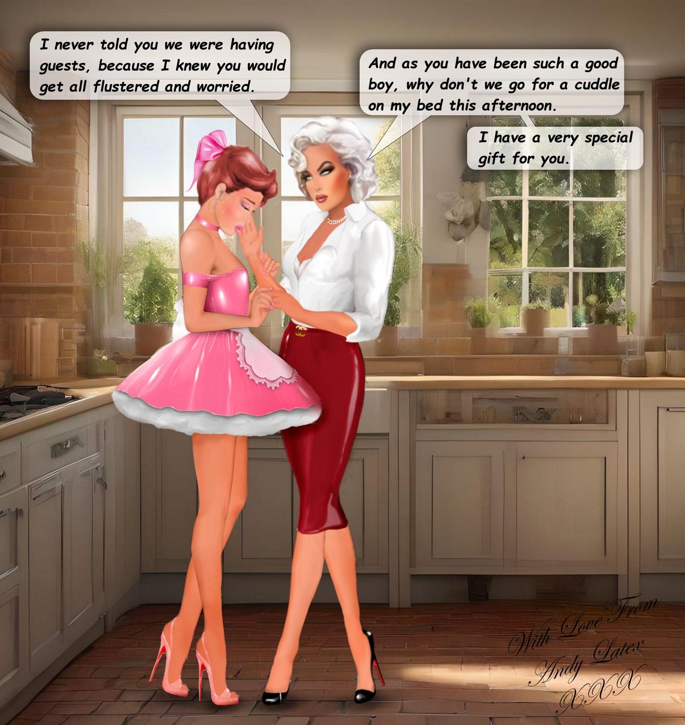 A cartoon of two women in a kitchen

Description automatically generated