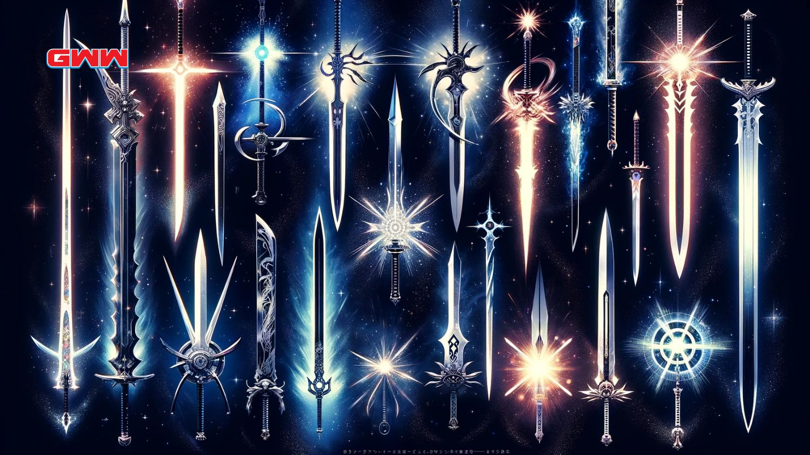 Montaje de espadas de anime con fondo cósmico y efectos luminosos.