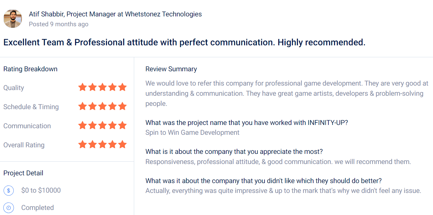 Excellent Team and Professional attitude with perfect communication. Highly recommended. Atif Shabbir, Project Manager at Whetstonez Technologies reviews INFINITY-UP