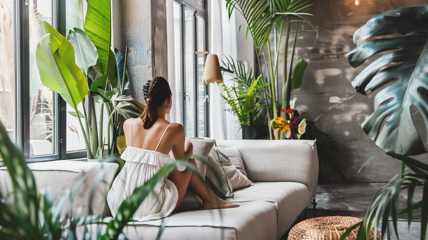 A woman sitting on a couch in a smart living room adorned with plants