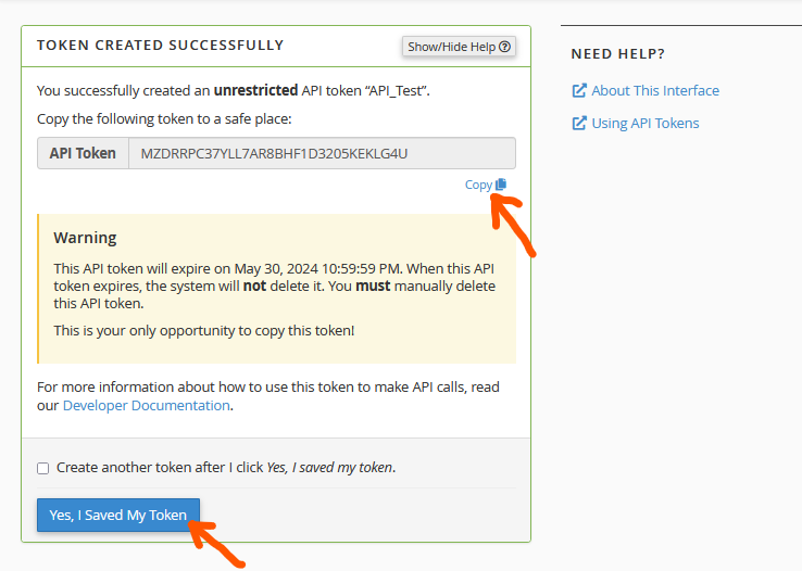 manage API tokens in cPanel