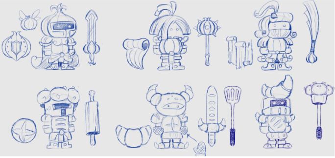 Concept art of the last Bit Harvest Event in blue ink on white paper. Each character is made to look like a food-themed knight with an onion, bun, croissant, garlic, and a spatula themed knight.