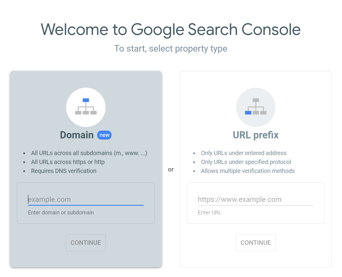 Screenshot of adding new domain to Google Search Console