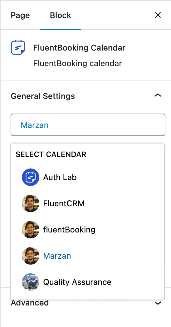 fluentbooking calendar block in gutenberg editor