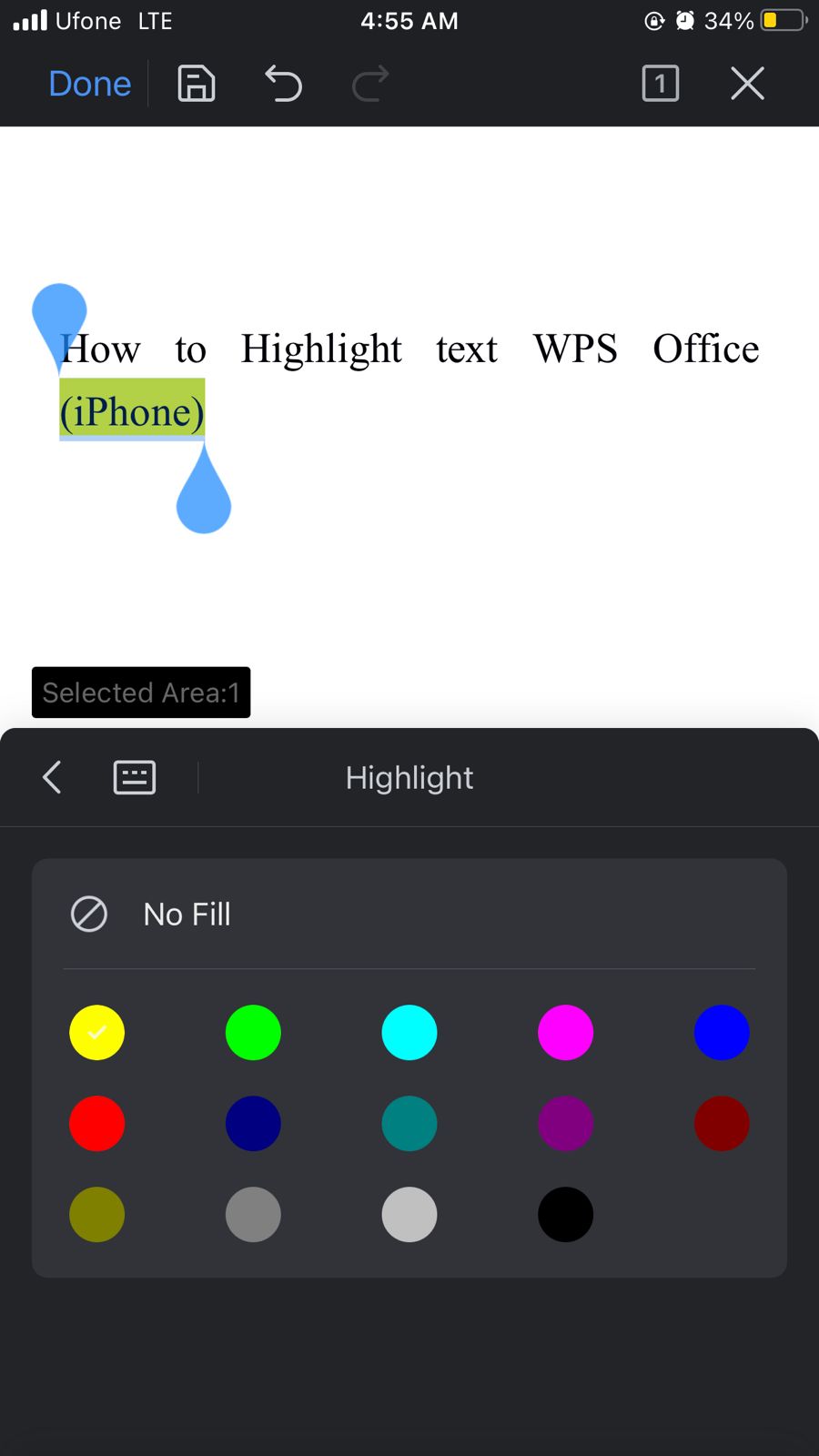 WPS Office iPhone Highlight color options