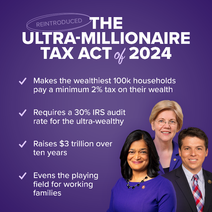 The Ultra-Millionaire Tax Act of 2024: Makes the wealthiest 100k households pay a minimum 2% tax on their wealth, requires a 30% IRS audit rate for the ultra-wealthy, raises $3 trillion over ten years, and evens the playing field for working families