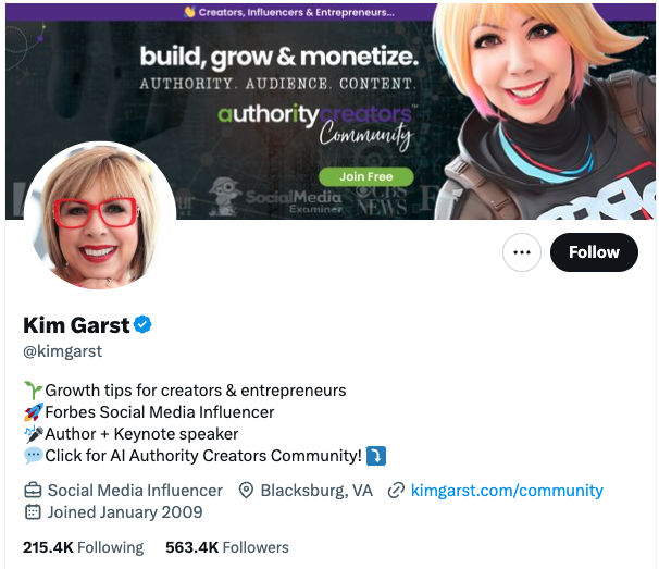 Twitter optimization, Kim Garst is a social media influencer active on Twitter.>