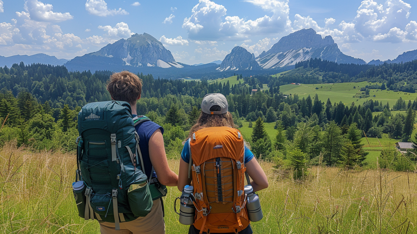 Two people with trekking bags gazing at the French Alps in Courchevel