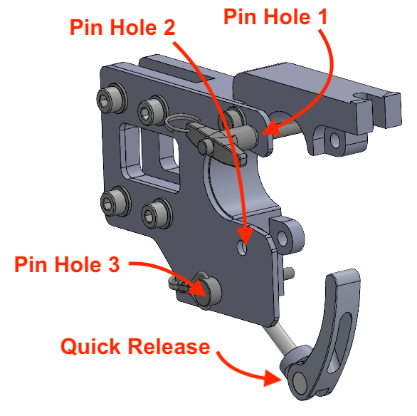 A detailed CAD drawing of the ADV1 moto trailer's hitch clamp while open. It shows the different safety aspects.