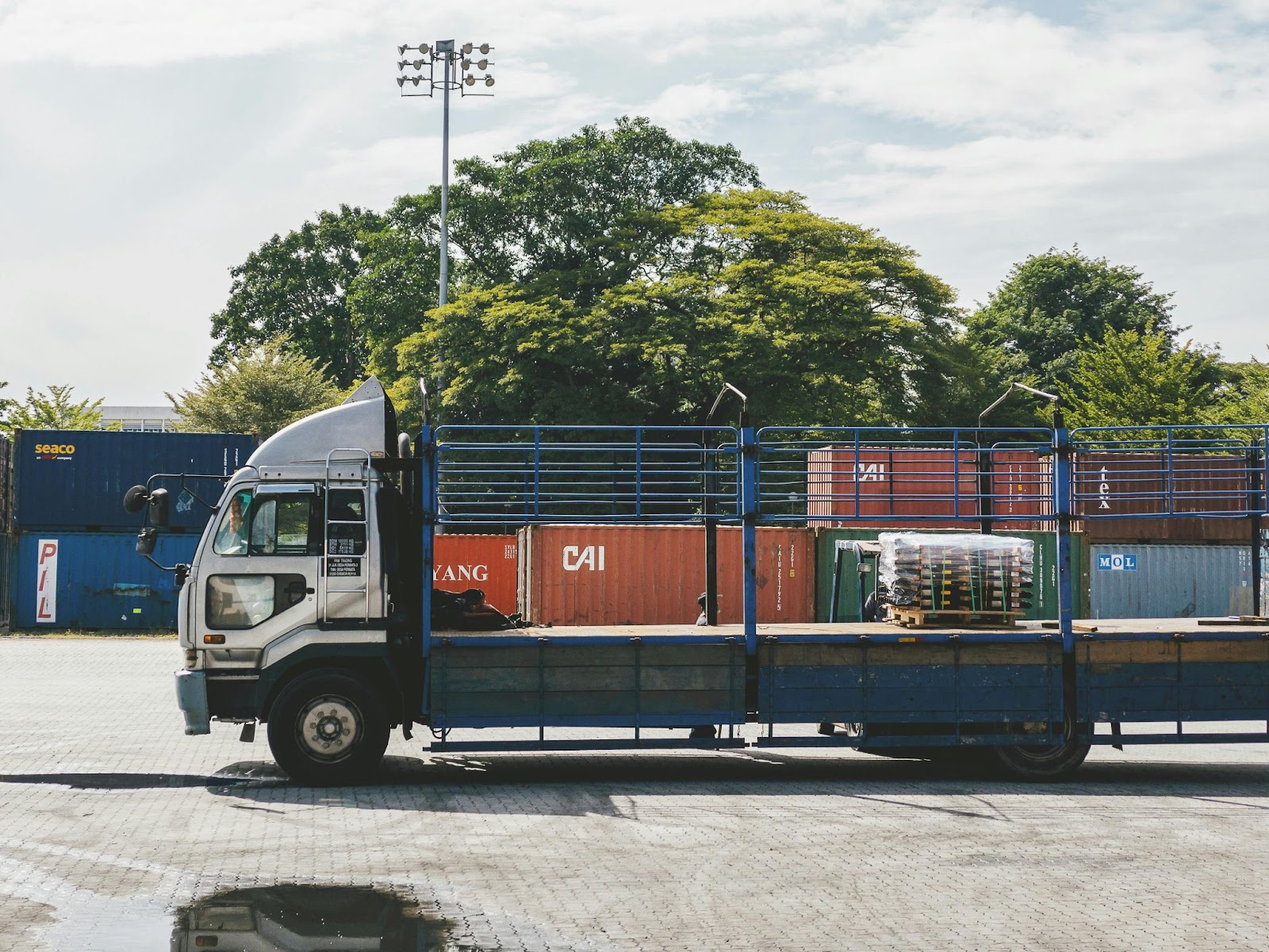 A flatbed semi truck trailer against a backdrop of trees and a light post