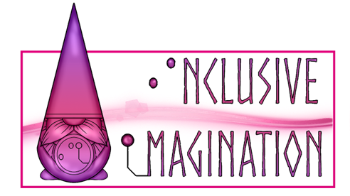 Inclusive Imagination Full Logo in a Pink Gradient Color Scheme. A garden gnome on the left with runic text on the left enclosed in a box. 