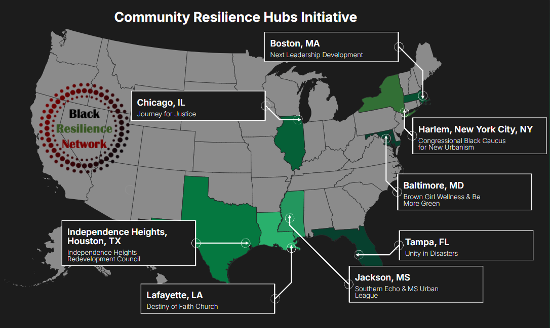 Map of the United States with State boundaries and the following cities and towns labeled with Black Resilience Network members: 