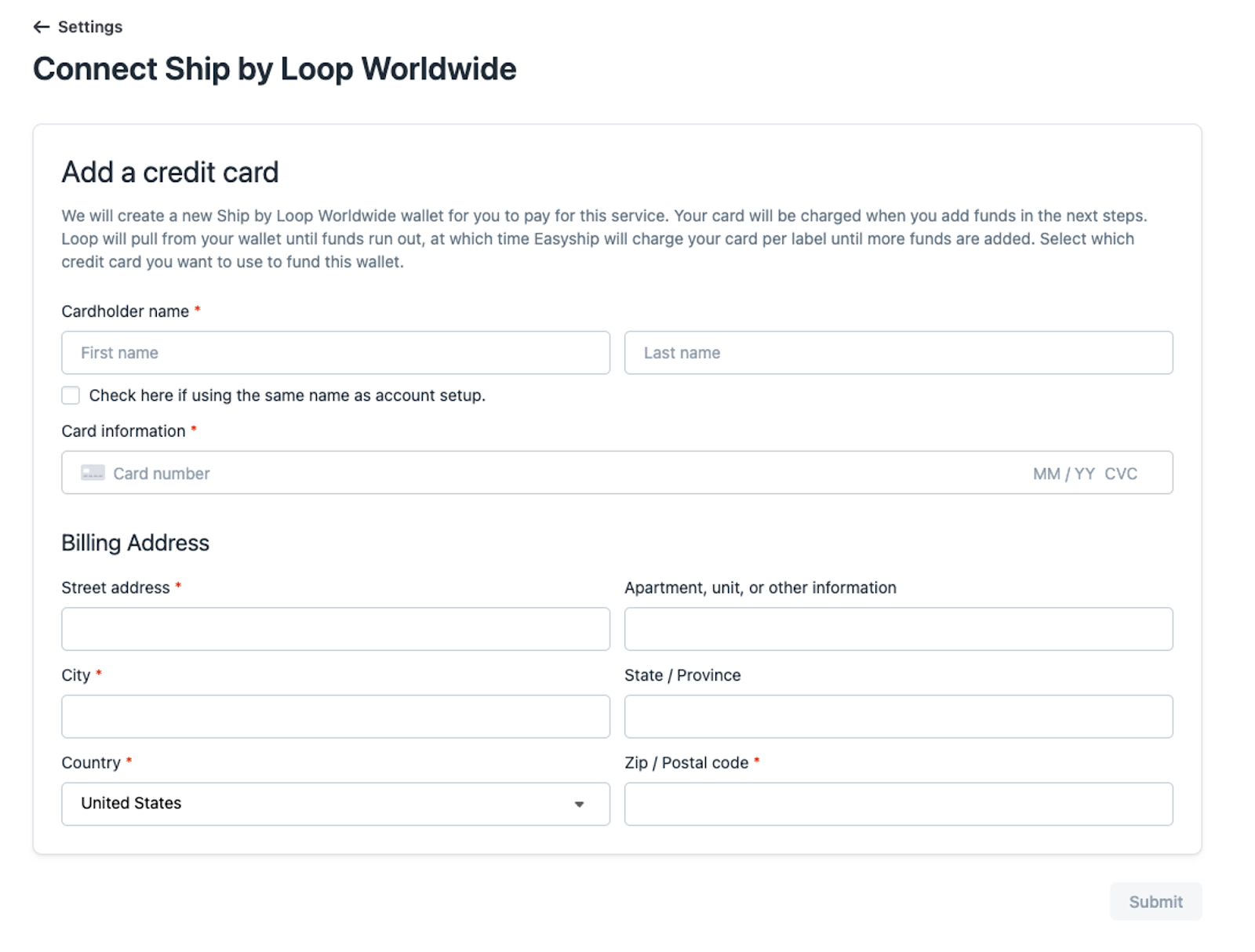 Ship by Loop Worldwide credit card setup view.