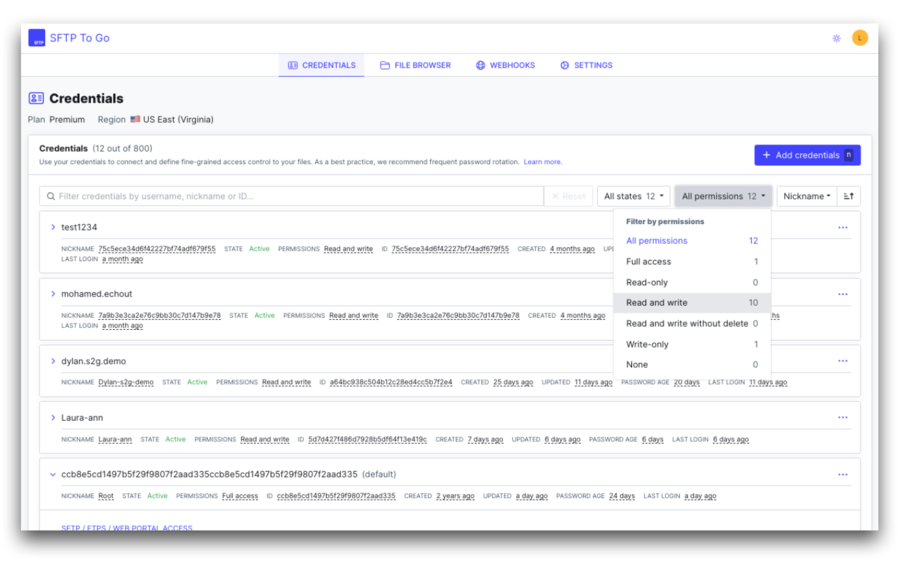 sftp new feature credentials list filtering