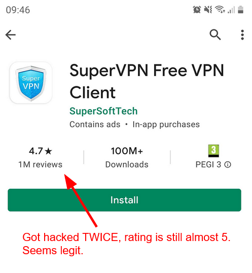 SuperVPN Google Store pagina, met een 4.7 beoordeling van één miljoen recensies.