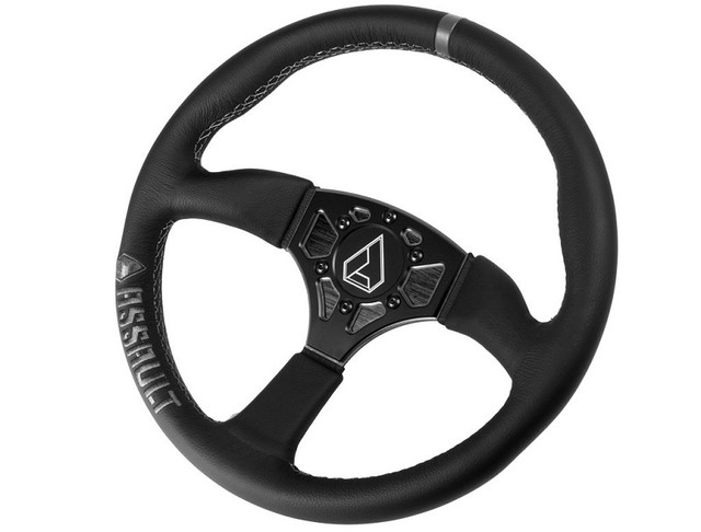 A Yamaha Viking Leather Steering Wheel by Assault Industries, uninstalled and pictured against a blank background, bearing the Assault Industries logo on the center cap.