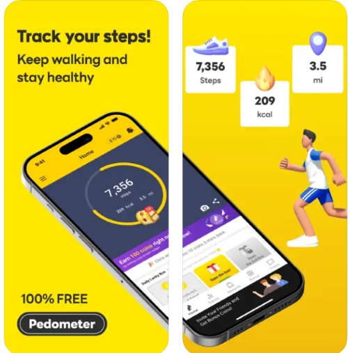 A screenshot of CashWalk in the Apple App Store showing that it tracks steps, calories burned, and miles walked and shows progress toward rewards. 