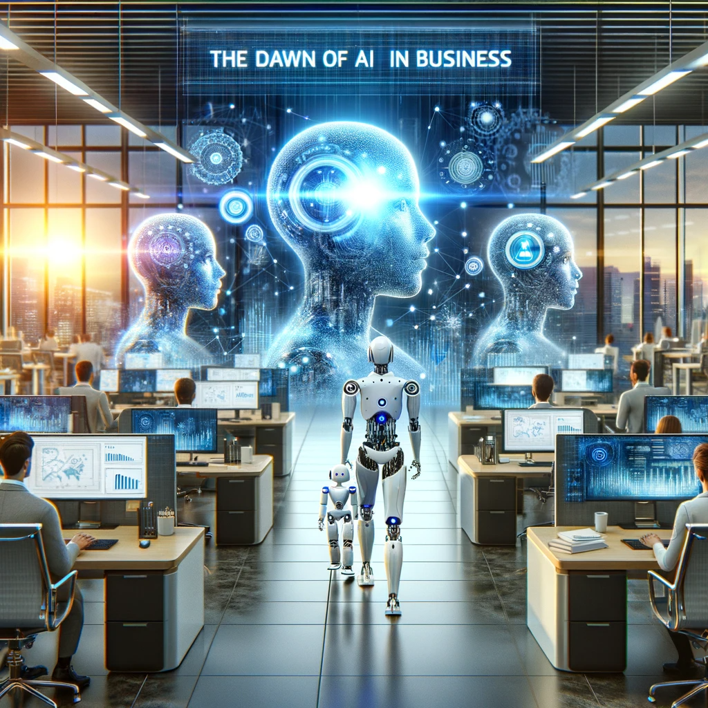 represents the integration of AI technologies and humanoid robots in a modern business setting, symbolizing the harmony between technology and human intelligence.