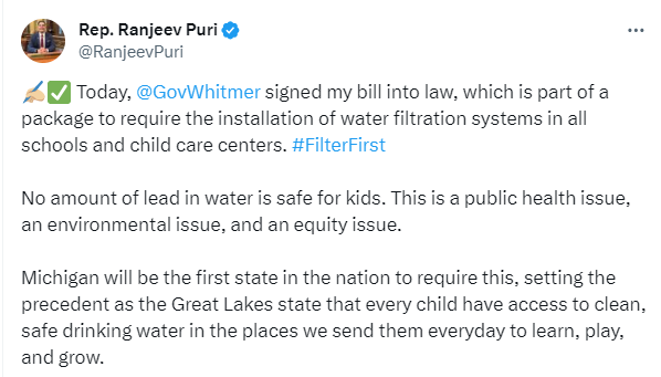 Rep. Ranjeev Puri tweet celebrating the water filter bill package signed by Gretchen Whitmer