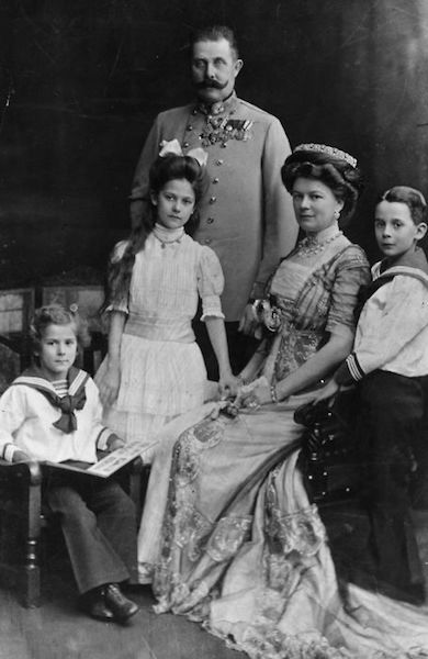 Archduke Franz Ferdinand with his wife Sophie, Duchess of Hohenberg, and their three children (from left), Prince Ernst von Hohenberg, Princess Sophie, and Maximilian, Duke of Hohenberg, in 1910