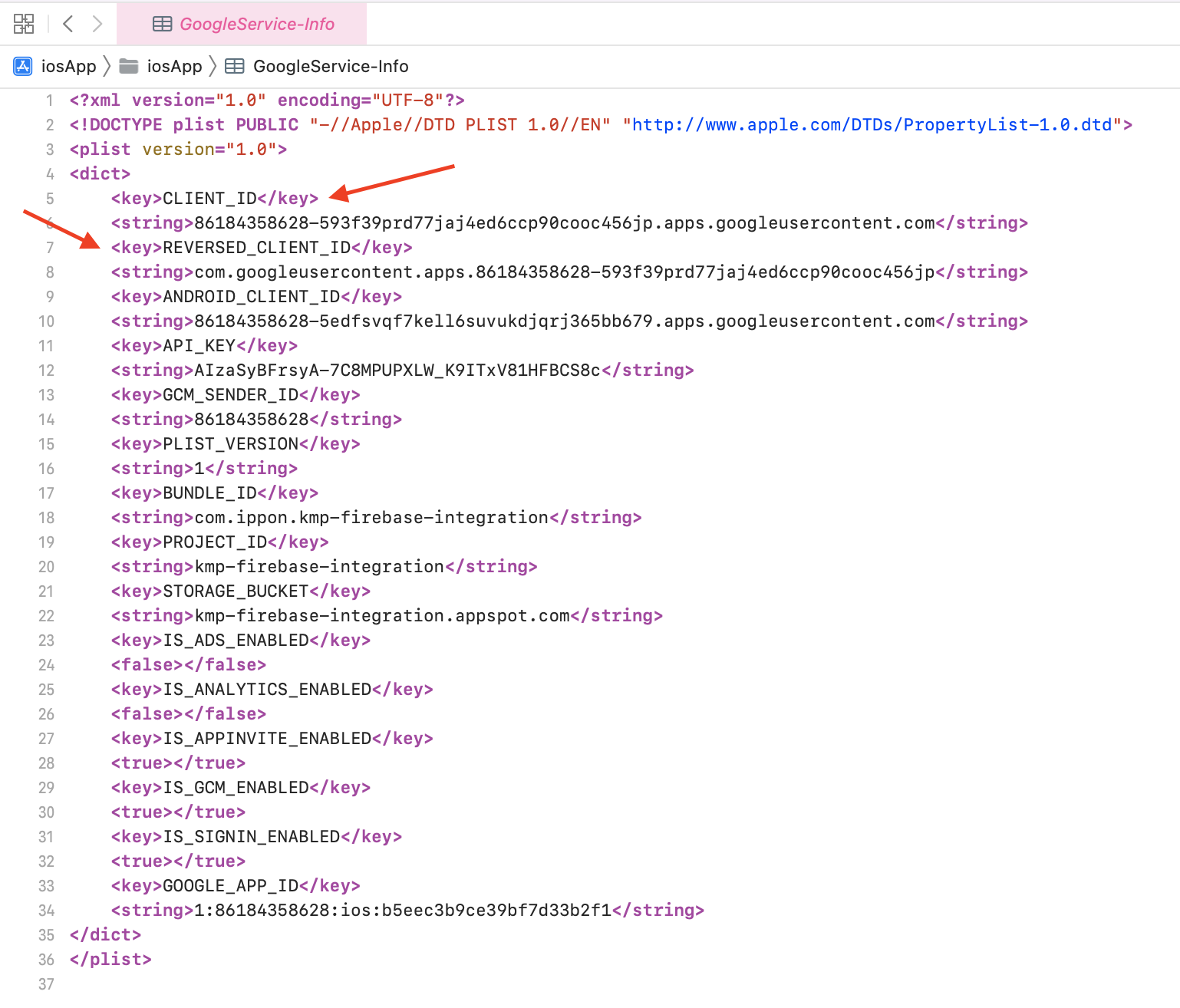 Capture d'écran du GoogleService-Info montrant le clientID et le reversedID