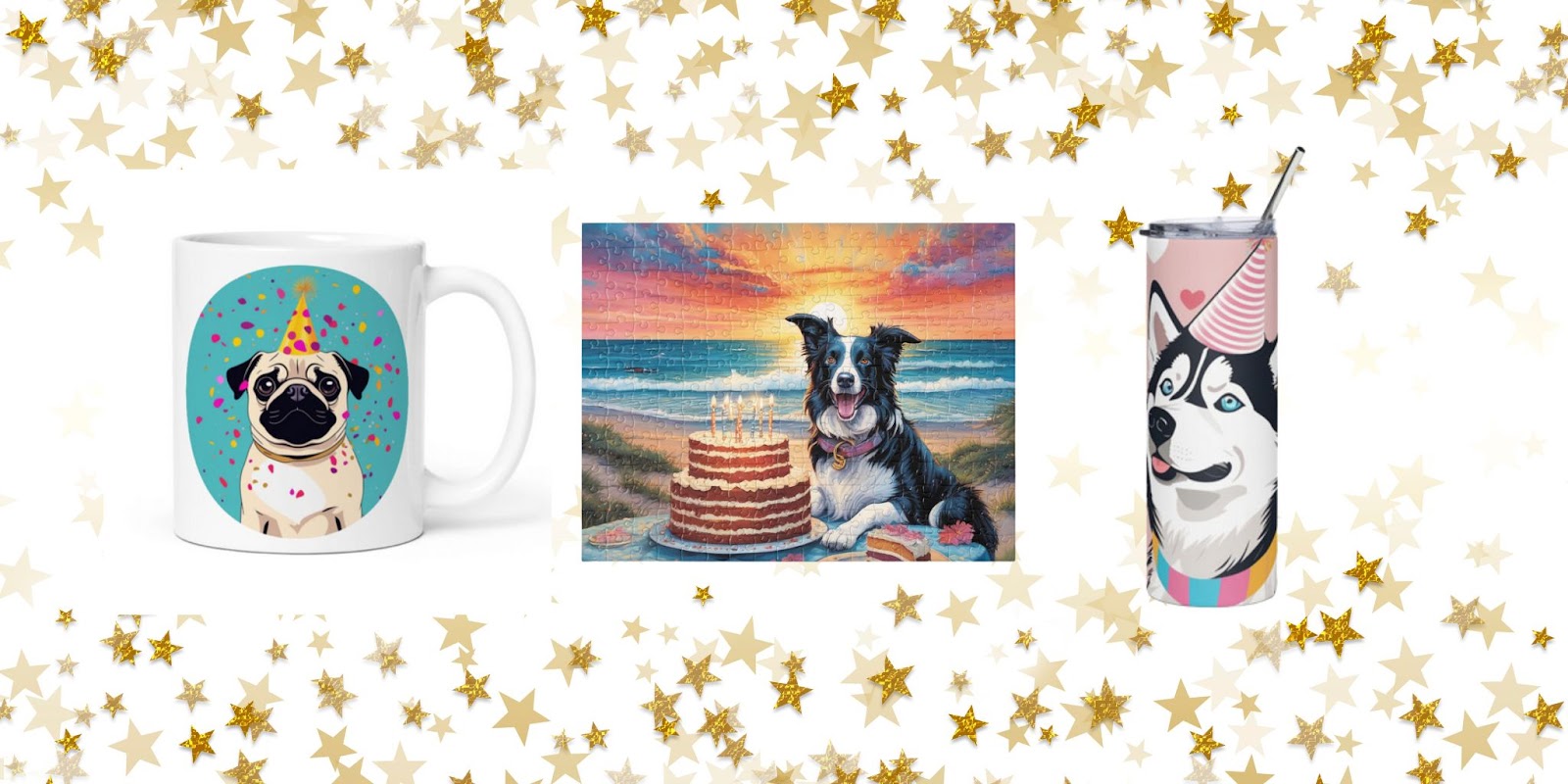 Gift ideas for dog birthday: custom dog mug, custom dog jigsaw puzzle, and custom dog water bottle