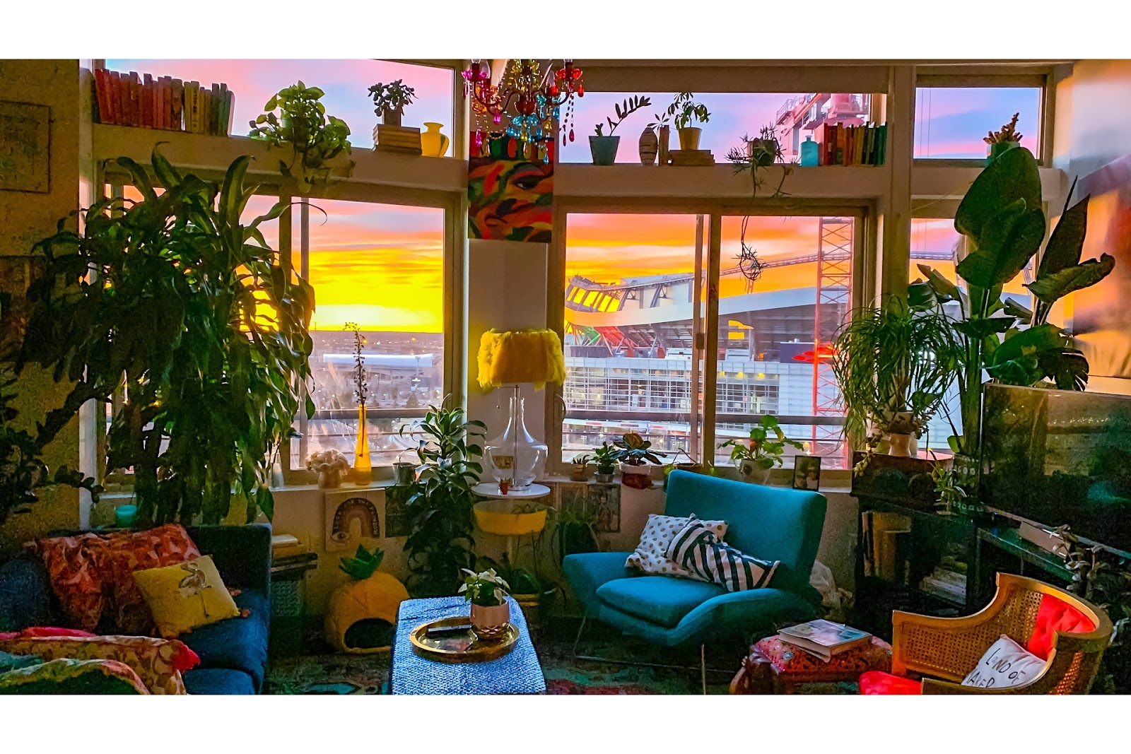 A maximalist home with the sunrise in the background