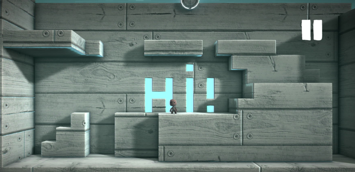 A blocky scene created in littlebigplanet hub create mode. cut out of the wall spells 'hi' 