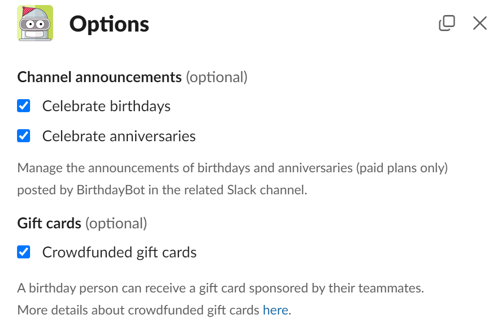 birthdaybot gift cards celebration channel settings