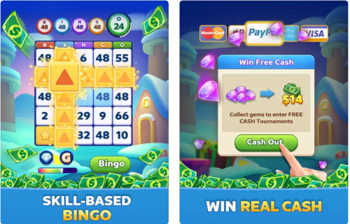Colorful Bingo Tour screenshots of a game being won and a cash-out screen. 