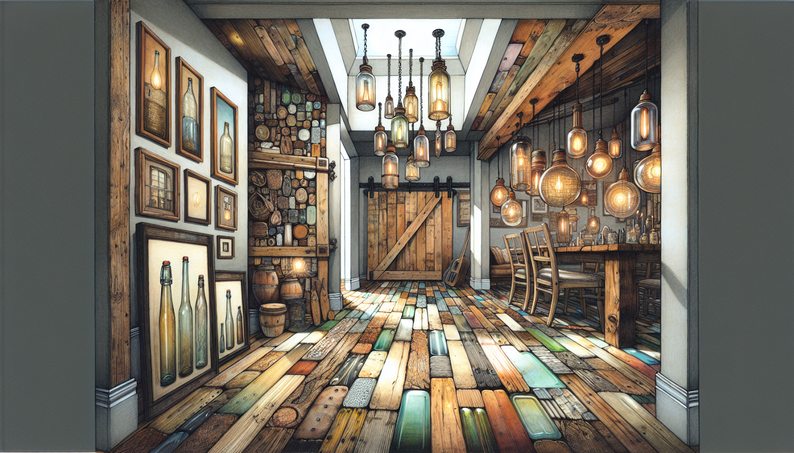 Illustration of a home interior with creatively used reclaimed materials