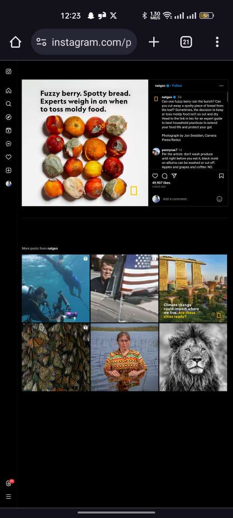 Desktop version of Instagram in Google Chrome on Android mobile.