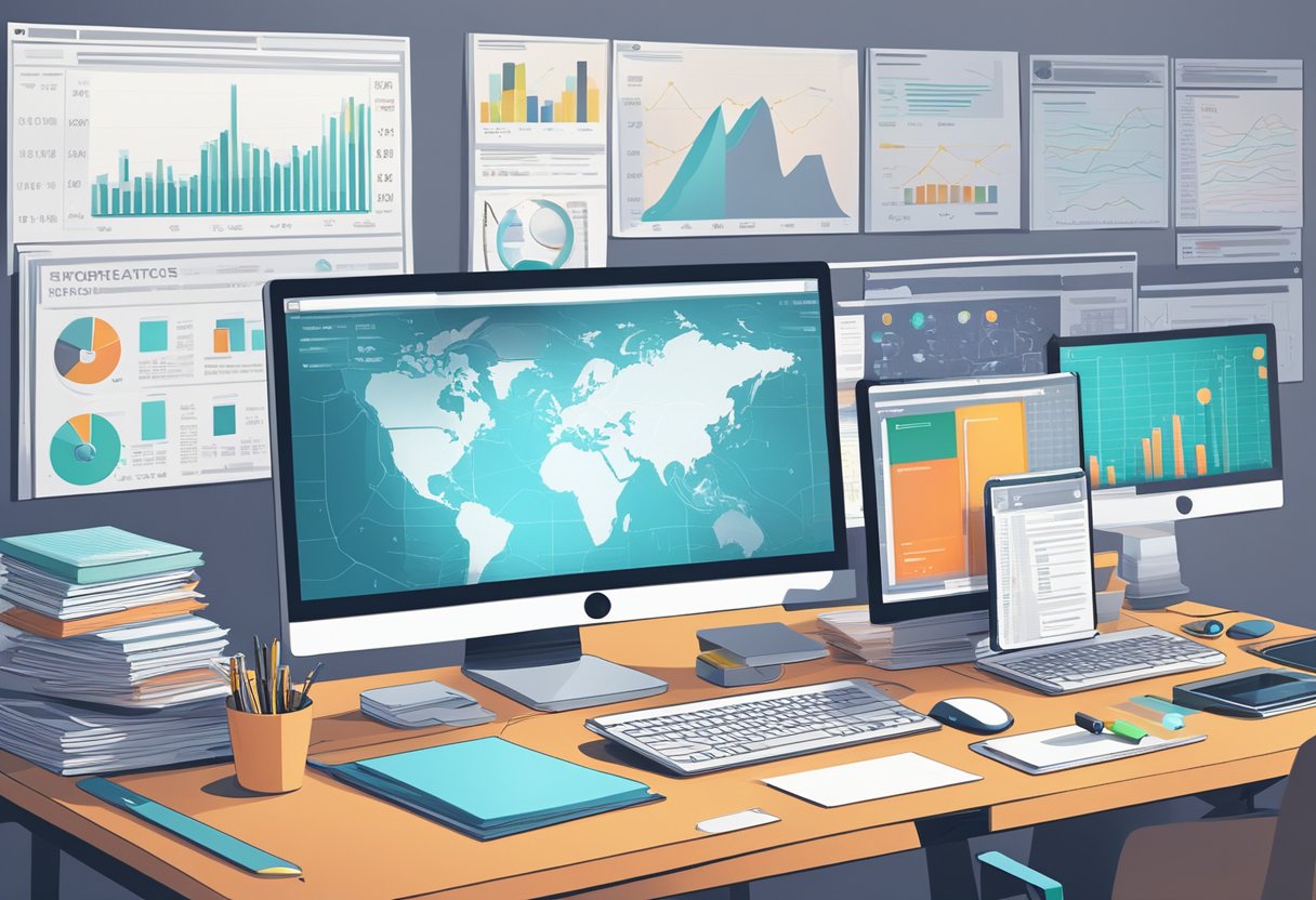 A desk cluttered with computer screens, documents, and a magnifying glass. A person is analyzing data, charts, and graphs related to cryptocurrency transactions