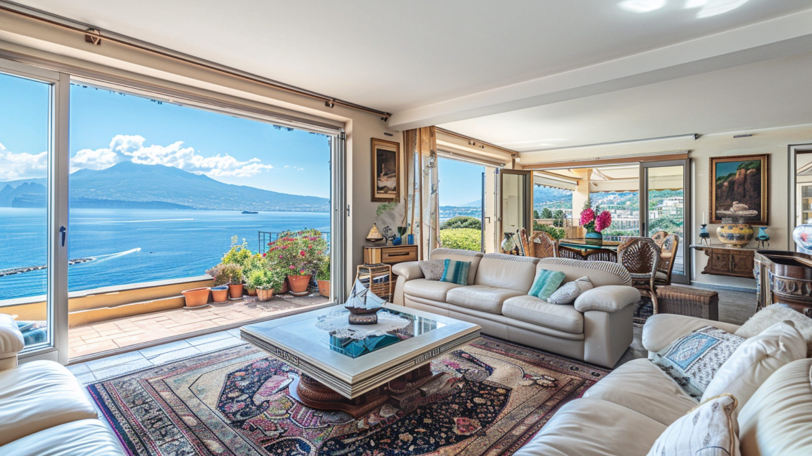 A cozy living room with floor-to-ceiling windows with a view of the sea in Sorrento, Italy