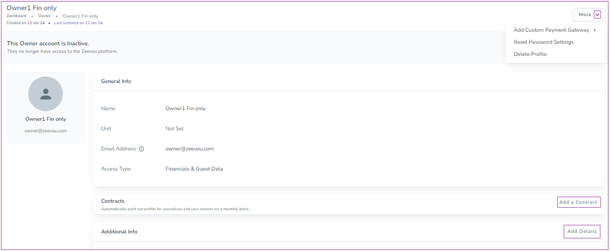 On each Owner’s page, you can select Add Custom Payment Gateway, Reset Password Settings, or Delete Profile - Zeevou
