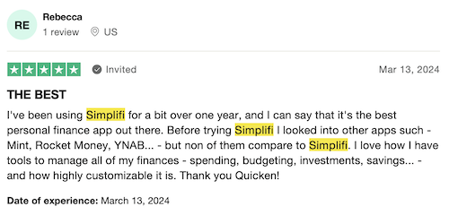 A 5-star review from a customer who's been using Simplifi for a year and thinks it's "the best personal finance app out there."