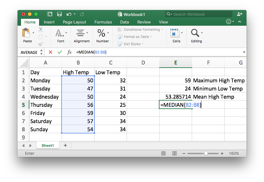 The same excel spreadsheet as used previously. This example is demonstrating how to use the median function in the high temperature column.