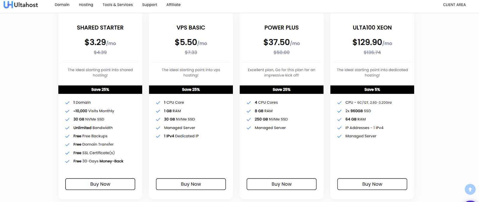 UltaHost's Pricing Structure