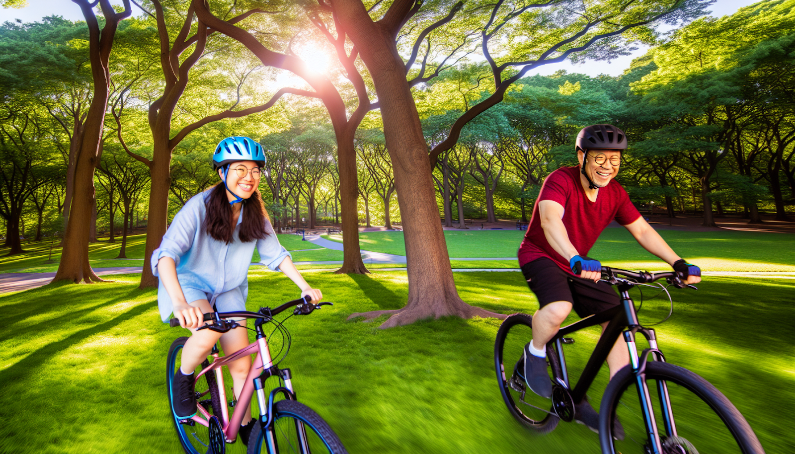 Couple riding bicycles in the park as sober date activity