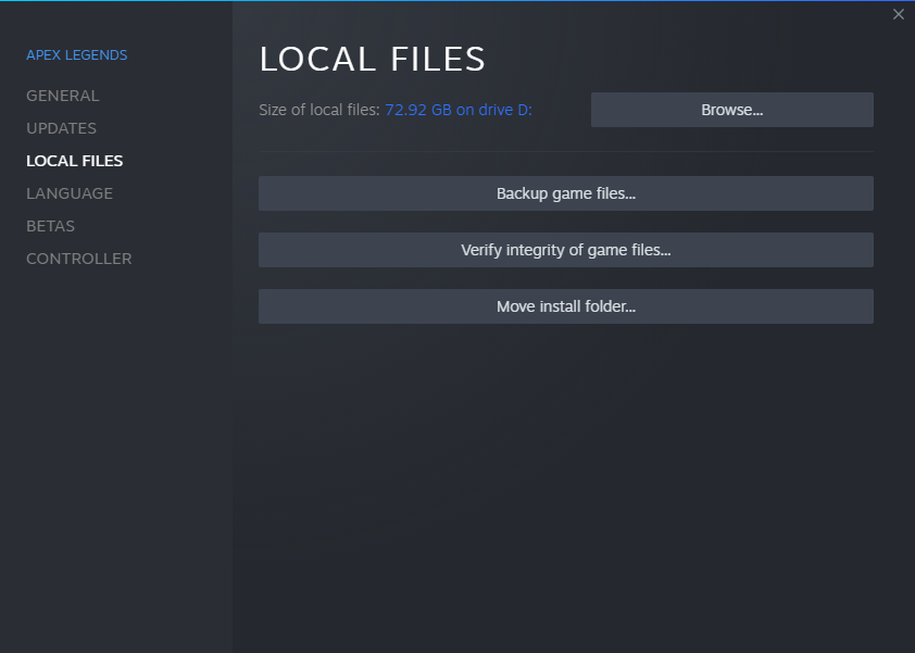 A seção de arquivos locais nas configurações do menu do Apex Legends no Steam