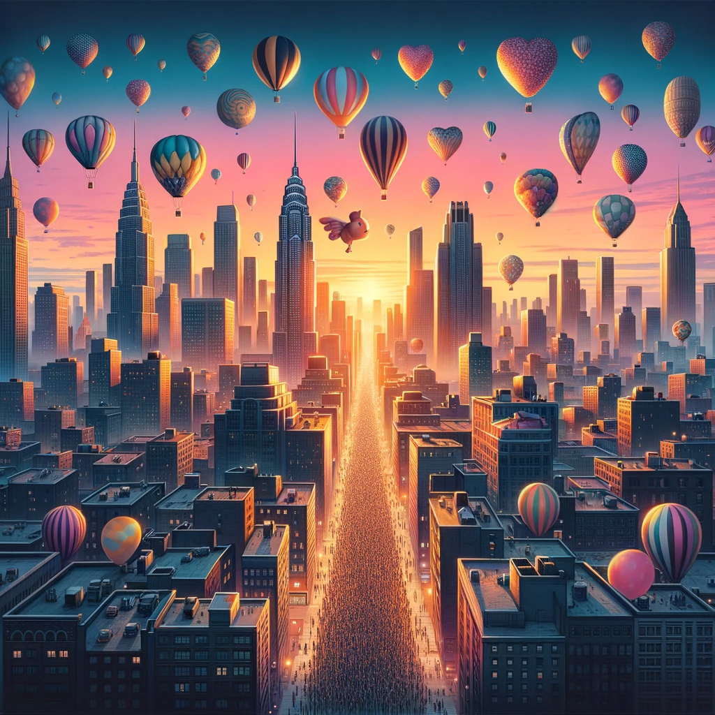 Illustration of a city waking up to the early morning light. The city skyline features an array of architectural styles, from modern skyscrapers to historic buildings. As dawn breaks, the sky is painted in hues of pink, orange, and gold. Above the city, numerous balloons of various shapes, sizes, and colors rise gracefully. Some balloons resemble animals, while others have intricate patterns. On the streets below, people look up in admiration, capturing the moment with their cameras and enjoying the serene view.