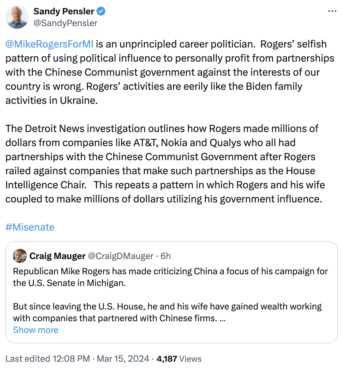 Sandy Pensler tweet attacking Mike Rogers as an unprincipled career politician. 