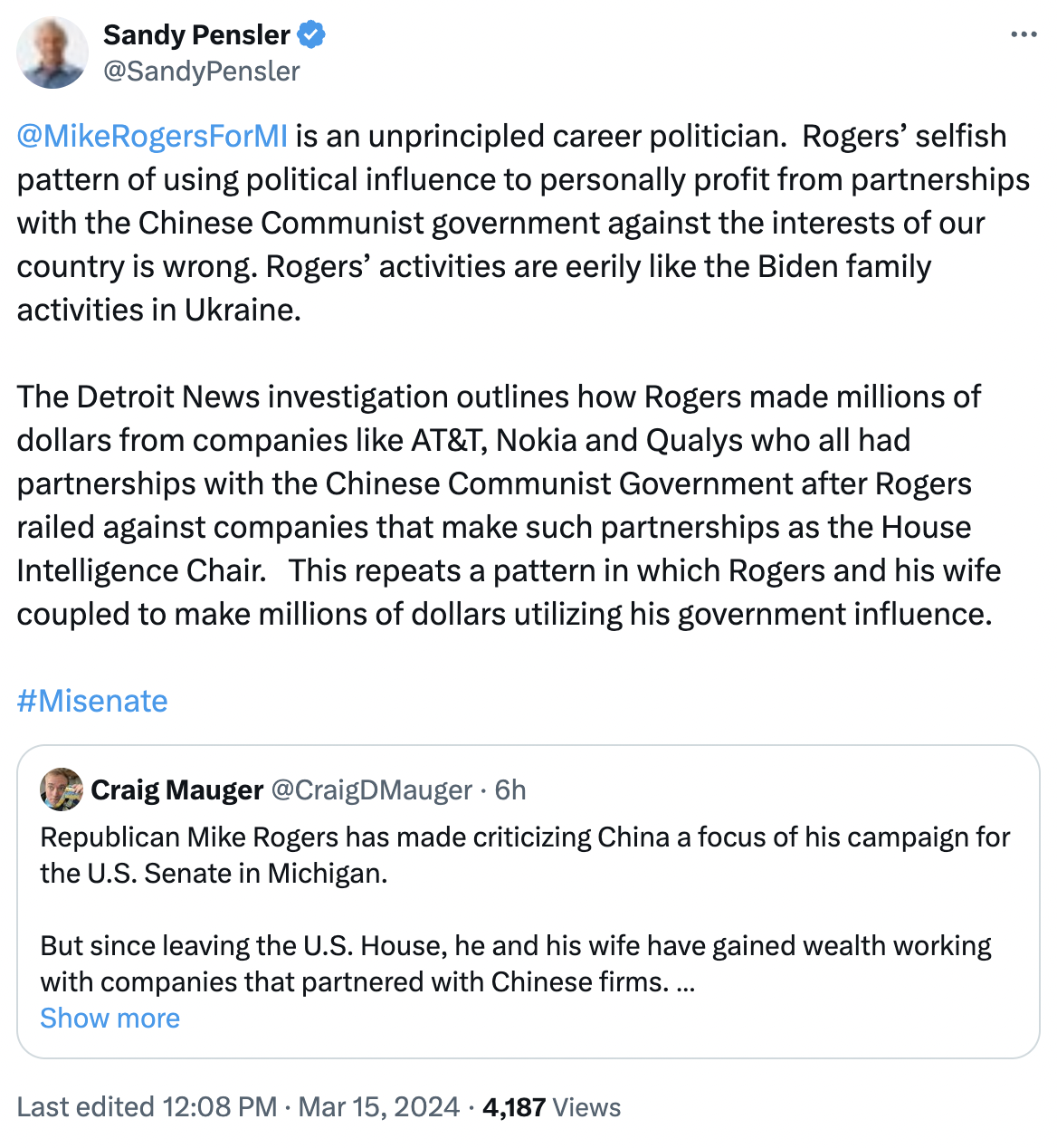 Senate Showdown Pensler Slams Rogers’ “Disgusting” “Selfish Pattern