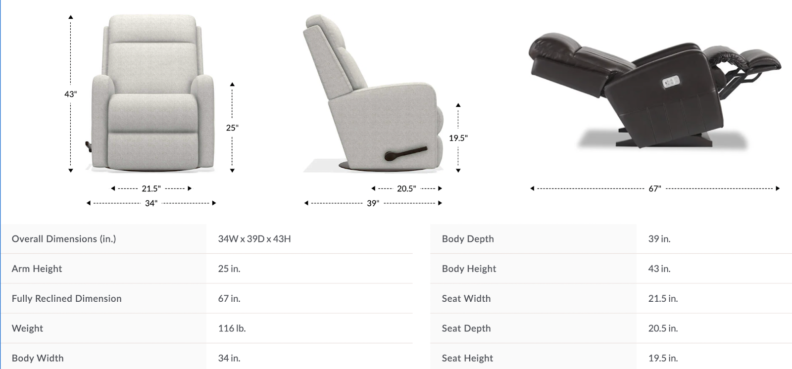 finley gliding recliner dimensions